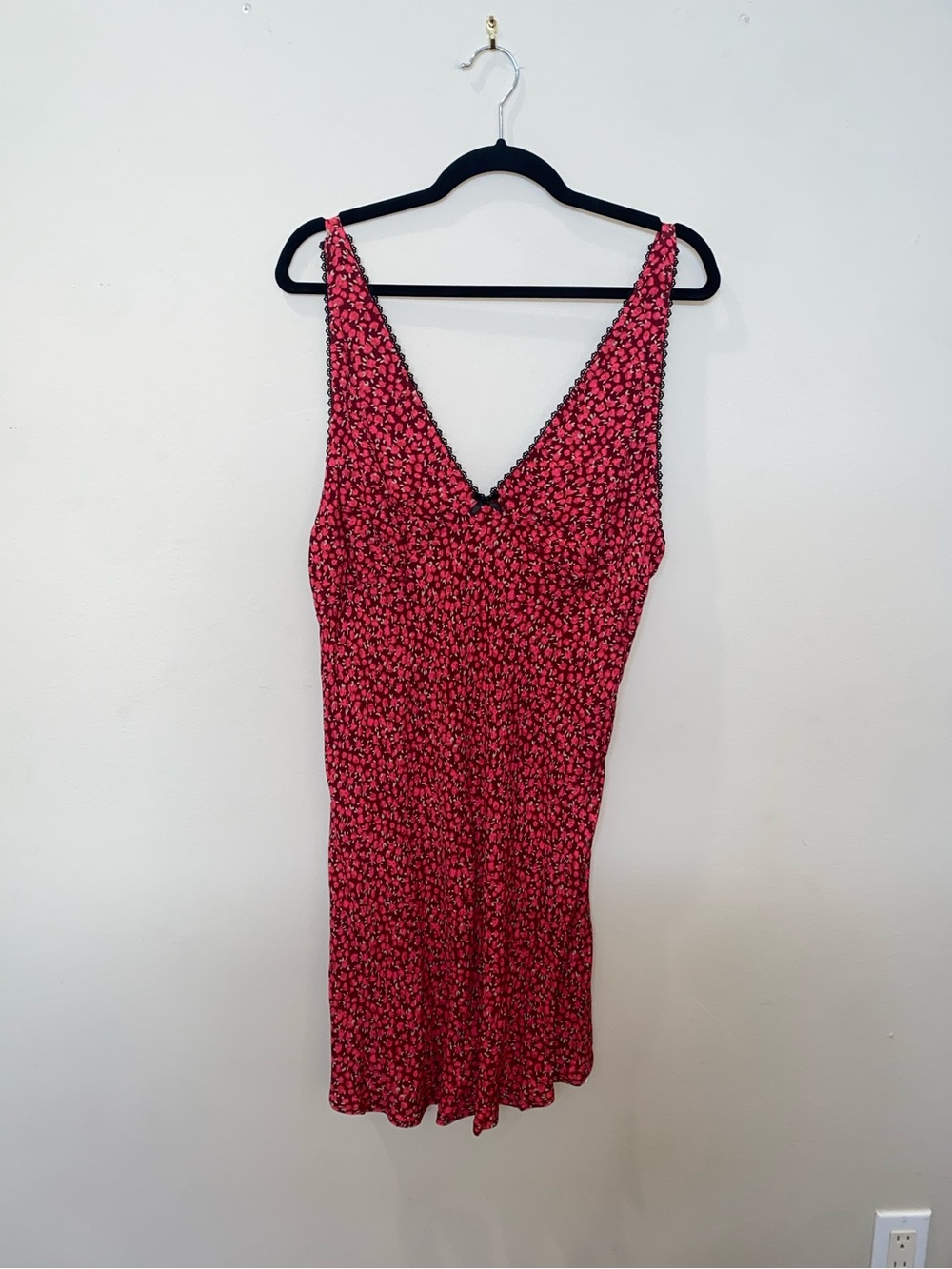 Wild Fable Coquette Burgundy & Pink Floral V-Neck Mini Slip Dress with Black Bow